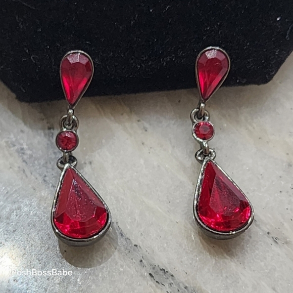 Givenchy Red Crystal Teardrop Dangle Earrings Silver Tone - Picture 2 of 6